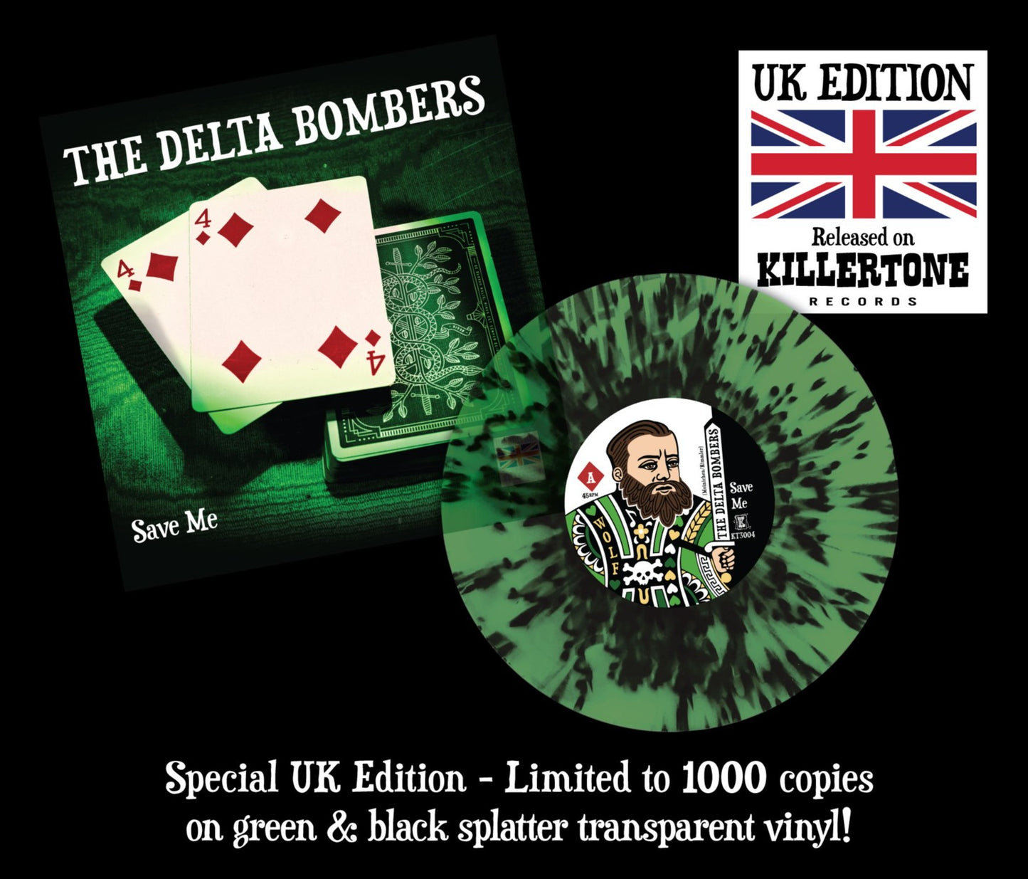 The Delta Bombers - LIMITED EDITION - Save Me / .44 - Seven Inch 45 rpm - Green Splatter Vinyl
